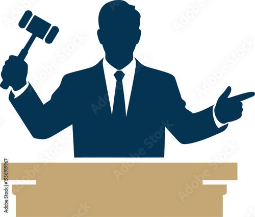Businessman in suit holding gavel and pointing at auction podium desk  isolated on transparent background