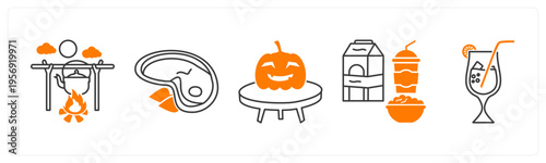 A set of 5 mix icons as barbecue, chicken slice, halloween pumpkin