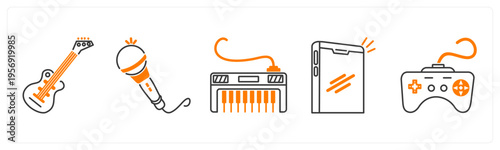 A set of 5 mix icons as guitar, mic, piano
