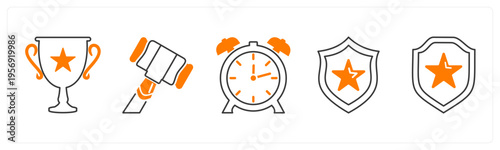A set of 5 mix icons as trophy, auction, alarm