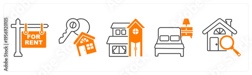 A set of 5 mix icons as for rent, home key, villa