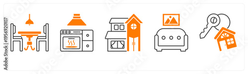 A set of 5 mix icons as dining table, microwave, villa