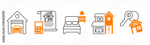 A set of 5 mix icons as garage, property budget, bed