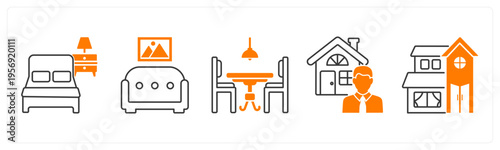 A set of 5 mix icons as bed, sofa, dining table