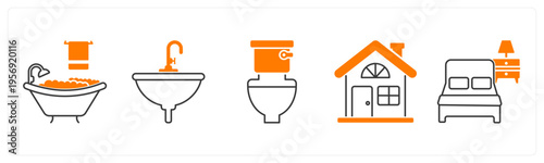 A set of 5 mix icons as bathtub, washbasin, commode