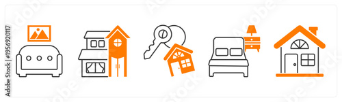 A set of 5 mix icons as sofa, villa, home key