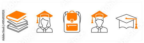 A set of 5 mix icons as books, graduate girl, school bag