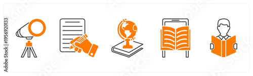 A set of 5 mix icons as telescope, writing, history