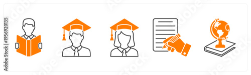 A set of 5 mix icons as reading, graduate boy, graduate girl