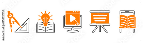 A set of 5 mix icons as geometry, knowledge, e learning