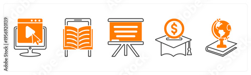 A set of 5 mix icons as e learning, mobile learning, white board