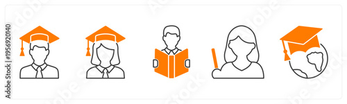 A set of 5 mix icons as graduate boy, graduate girl, reading
