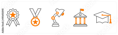 A set of 5 mix icons as badge, medal, study lamp