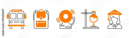 A set of 5 mix icons as school bus, school bag, school bell