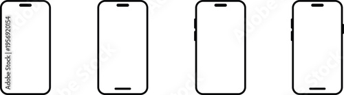Set of six smartphone outlines with rounded corners, notch, and buttons on transparent background, mobile phone frame templates for design