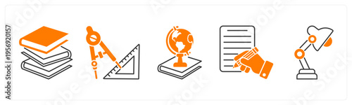 A set of 5 mix icons as books, geometry, history
