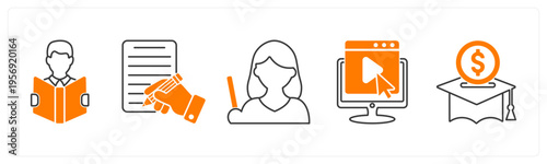 A set of 5 mix icons as reading, writing, teacher