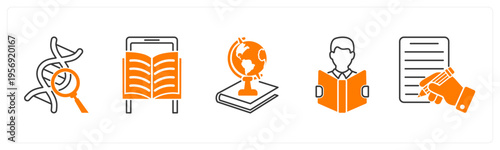 A set of 5 mix icons as dna search, mobile learning, history