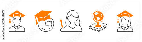 A set of 5 mix icons as graduate boy, global education, teacher