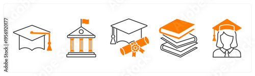 A set of 5 mix icons as graduation cap, school, degree