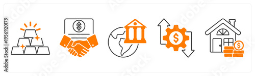 A set of 5 mix icons as billion, financial partnerhsip, global banking