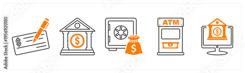 A set of 5 mix icons as cheque, bank, locker