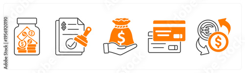 A set of 5 mix icons as saving, approved loan, loan