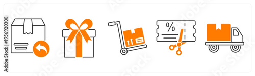 A set of 5 mix icons as return parcel, present, luggage trolley