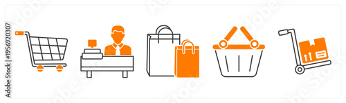 A set of 5 mix icons as shopping cart, receptionist, shopping bag