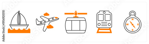 A set of 5 mix icons as cruise, plane, cable car