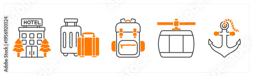 A set of 5 mix icons as hotel, suitcase, backpack