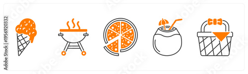 A set of 5 mix icons as ice cream, barbecue, pizza