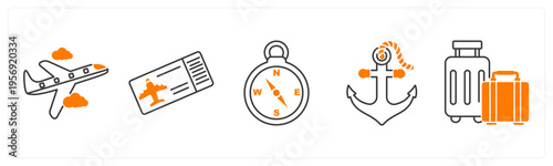 A set of 5 mix icons as plane, plane ticket, compass