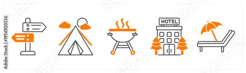 A set of 5 mix icons as directions, compass tent, barbecue