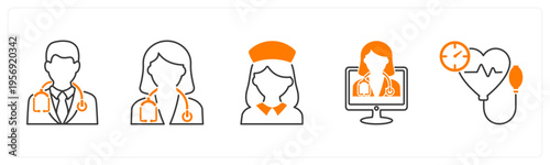 A set of 5 mix icons as male doctor, female doctor, nurse