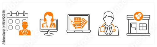 A set of 5 mix icons as appointment, online doctor, online pharmacy