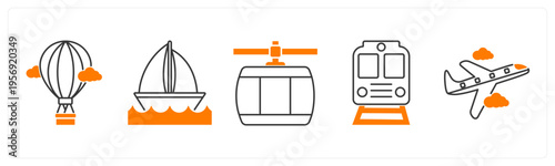A set of 5 mix icons as hot air balloon, cruise, cable car,