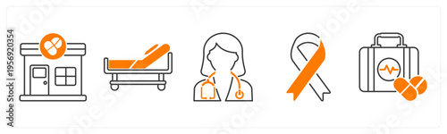 A set of 5 mix icons as medical store, stretcher, female doctor