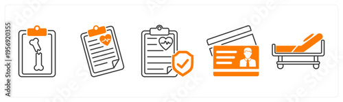 A set of 5 mix icons as xray, health report, medical insurance