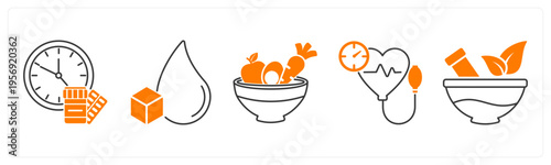 A set of 5 mix icons as dose, blood sugar, healthy meal