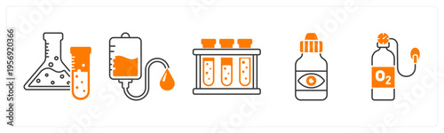 A set of 5 mix icons as flask, blood transfusion, test tubes