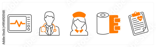 A set of 5 mix icons as ecg machine, male doctor, nurse