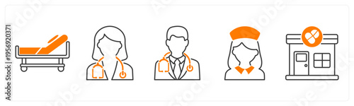 A set of 5 mix icons as stretcher, female doctor, male doctor