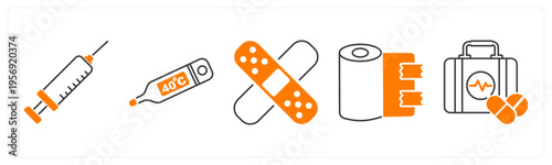 A set of 5 mix icons as injection, thermometer, bandage