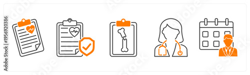 A set of 5 mix icons as health report, medical insurance, xray