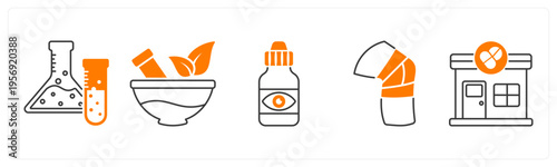 A set of 5 mix icons as flask, ayurvedic medicine, eye drop