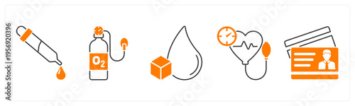 A set of 5 mix icons as dropper, oxygen cylinder, blood sugar