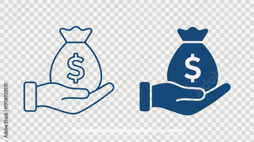 Two hands holding money bags with dollar signs, financial support icons, banking and savings, economic aid, clean vector transparent design.