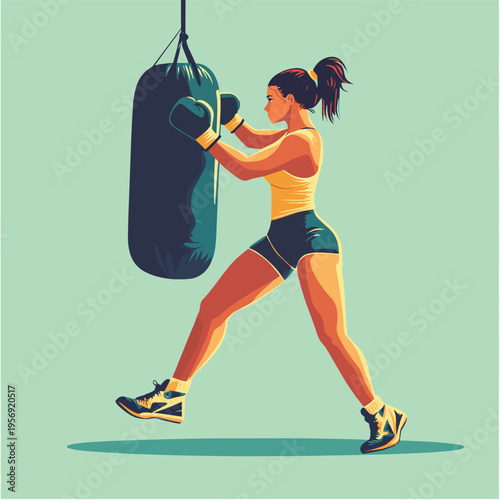 A powerful Flat Design illustration of a determined woman engaging in a boxing workout, hitting a heavy bag with focus and strength, representing high-intensity training and self-d