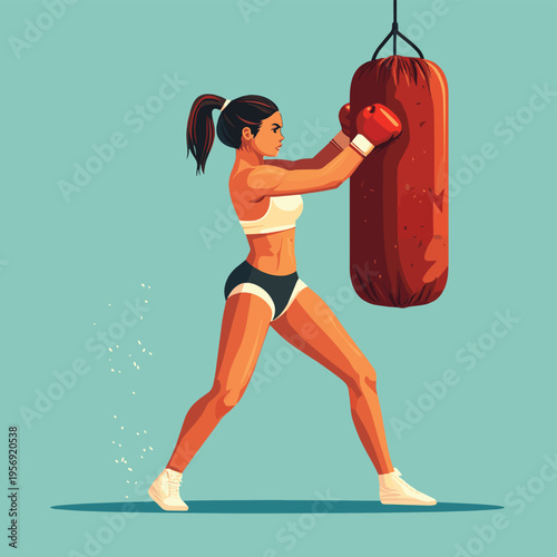 A powerful Flat Design illustration of a determined woman engaging in a boxing workout, hitting a heavy bag with focus and strength, representing high-intensity training and self-d